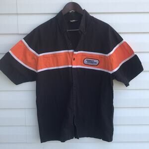 Harley Davidson Racing Black and Orange Short Sleeve Button Down Shirt